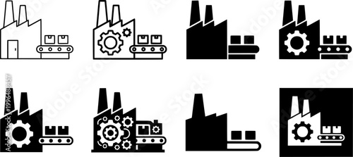 Industrial process and waste management icon collection illustrating manufacturing, recycling, energy production, and environmental protection concepts for various business and educational
