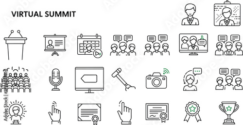 Virtual summit line icon set for online conference webinar presentation meeting communication training corporate event interface collection vector