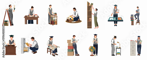 Schilderij op canvas Diverse collection of professional archivists, librarians, and researchers working with historical books, documents, and artifacts in an organized archive or library setting