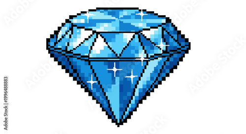 Pixel Art Blue Diamond Gemstone Sparkling.