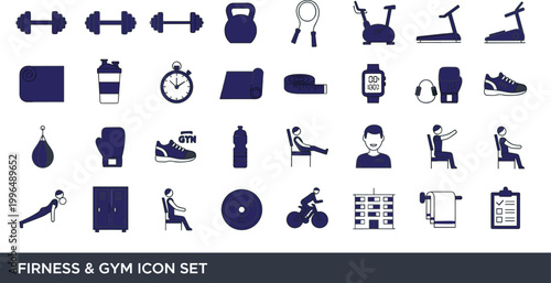 Fitness workout equipment and training flat icon collection featuring exercise activity healthy lifestyle sport gym tools vector icon set