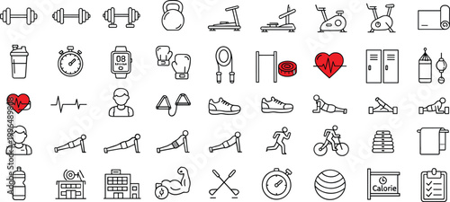 Gym workout and fitness training outline icon collection featuring exercise equipment healthy lifestyle sport activity tracking vector icon set