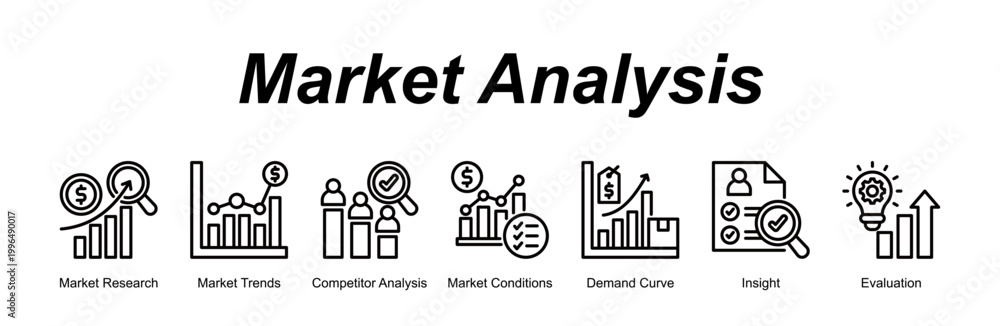 Fototapeta premium Market Analysis banner web icon vector illustration concept with an icon of Market Research, Market Trends, Competitor Analysis, Market Conditions, Demand Curve, Insight, Evaluation 