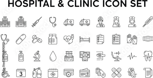Hospital and clinic outline icon set with medical equipment ambulance diagnosis treatment pharmacy patient care and healthcare services vector collection