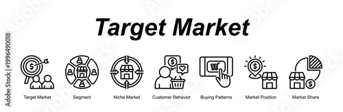 Target Market banner web icon vector illustration concept with an icon of Target Market, Segment, Niche Market, Customer Behavior, Buying Patterns, Market Position, Market Share 