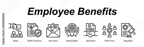 Employee Benefits banner web icon vector illustration concept with an icon of Salary, Health Insurance, Sick Leave, Responsibility, Agreement, Work Force, Regulation 