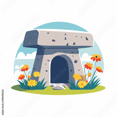 Stylized Dolmen with Flowers and Sky