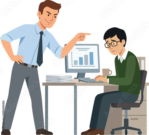 Angry supervisor pointing and scolding a seated employee working at a computer, depicting workplace conflict and pressure.
