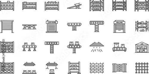 Industrial warehouse shelving and storage rack icon set featuring pallet racking logistics storage systems vector outline collection