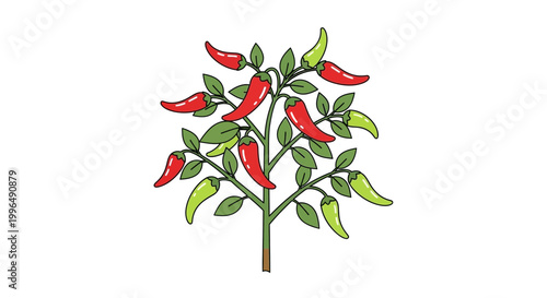 Ripe Red and Green Chili Peppers Growing on Plant