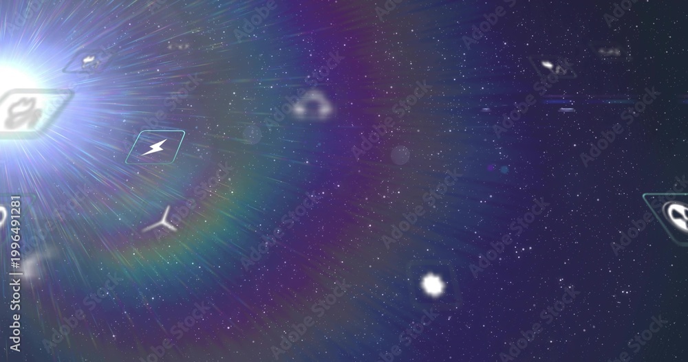 Fototapeta premium Radiating bright lens-flare sending streaks across star field with floating UI icons, copy space