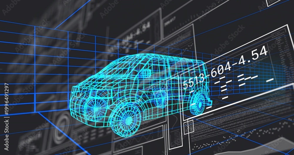 Fototapeta premium Floating neon-cyan wireframe SUV model hovering in virtual simulator, showing HUD readouts