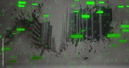 Displaying urban street canyon featuring downtown high-rise buildings, green binary bars overlay