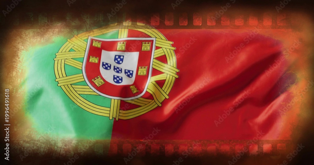 Fototapeta premium Showing Portugal flag art filling frame center, featuring golden armillary sphere shield and border