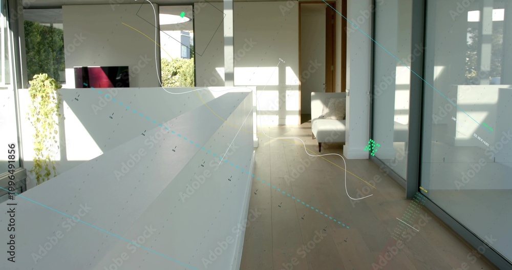 Fototapeta premium Displaying white railing stretching across upper landing, casting sunlight patches, showing TV