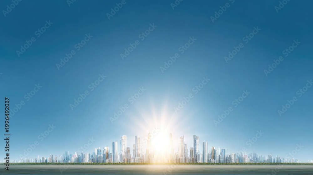 Fototapeta premium Modern City Skyline with Bright Sun Rays and Clear Blue Sky at Sunrise, Urban Landscape, Daylight View