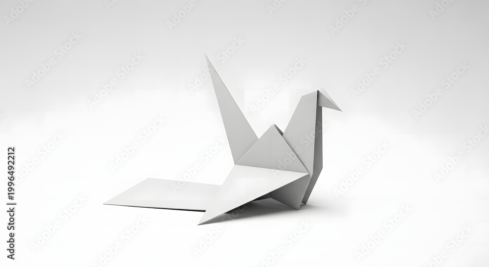 Naklejka premium Graceful white origami crane meticulously crafted from paper, symbolizing peace, hope, and traditional Japanese artistry, presented against a clean, minimalist studio background