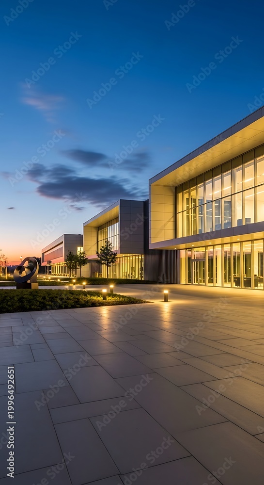 Naklejka premium Modern office building exterior at dusk with illuminated windows and pathway lights creating a welcoming atmosphere
