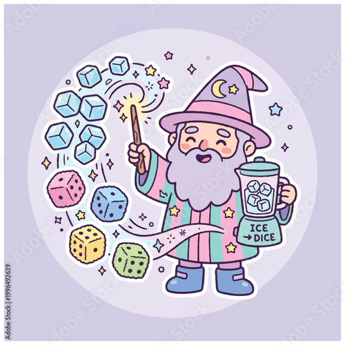 Cartoon wizard conjuring ice dice with magic wand and blender.