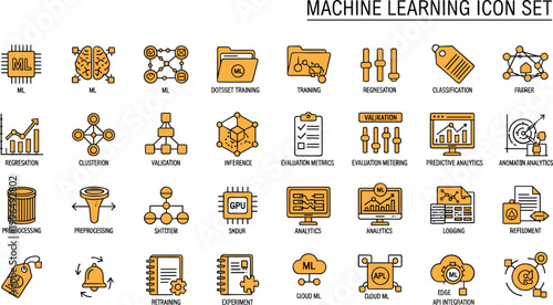 Machine learning icon set collection with artificial intelligence, neural network, data analysis, automation, algorithm, classification, prediction technology vector symbols