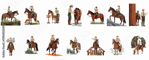 Obraz na płótnie Vector set of park rangers on horseback performing various duties in different natural environments like forests and mountains