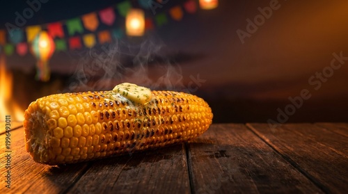 Grilled Corn on the Cob with Butter: A Rustic Culinary Delight. A close-up view of a grilled corn on the cob, topped with a melting pat of butter, set against a wooden table.
