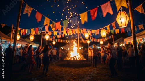 A vibrant outdoor festival with a festive atmosphere at night, with people enjoying the celebration, around bonfire, with colorful flags and lanterns