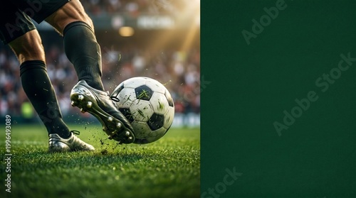 Soccer player in action kicking the soccer ball on green field with the green background