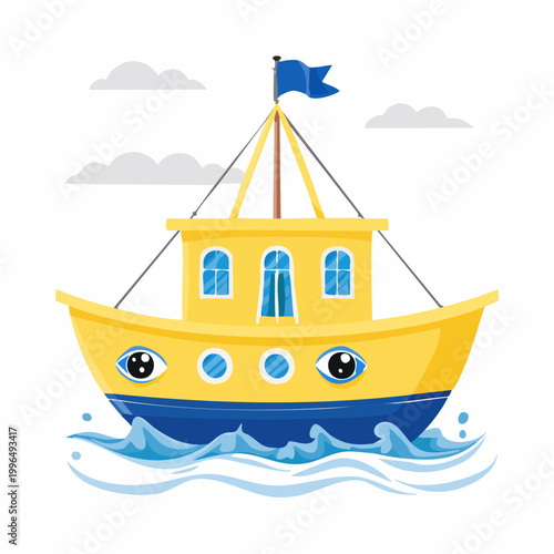 Cute Yellow Cartoon Boat with Eyes Sailing on Blue Waves