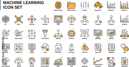 Machine learning training pipeline outline icon set with neural networks datasets clustering regression analytics artificial intelligence workflow symbols