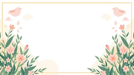template spring wallpaper with a style of flat design, featuring pastel colors and minimalistic elements, such as simple flowers, leaves, or birds