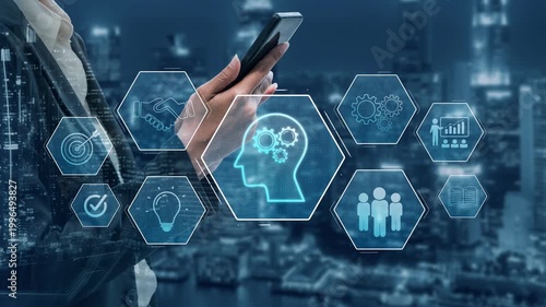 Head with gear and icons representing learning, digital training, and development process, showing skill growth for human or AI systems through knowledge or task optimization Marrow