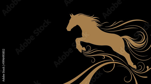 Elegant golden silhouette of a magnificent horse in mid-leap, surrounded by flowing ornamental scrollwork, set against a dark, minimalist backdrop, embodying power and grace