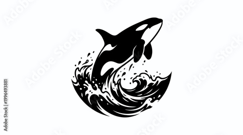 A bold, flat vector illustration of a majestic black and white orca leaping from dynamic ocean waves, symbolizing power and freedom and the wild spirit of the ocean