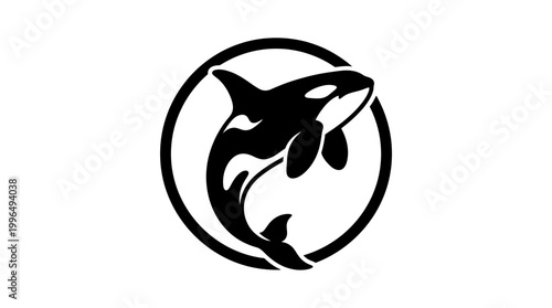 Dynamic black silhouette of a leaping orca, majestically captured within a simple circular frame, embodying marine power and elegance in a clean graphic design
