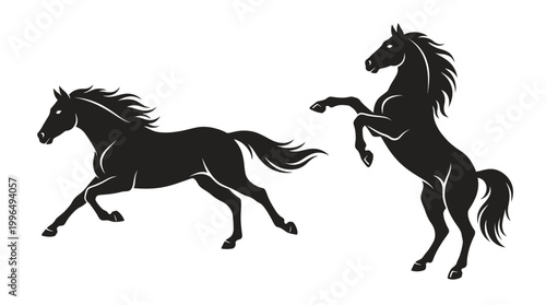 Vector silhouettes of two powerful horses in dynamic poses. One gallops, the other rears, illustrating strength, grace, and freedom. Ideal for equestrian and symbolic design