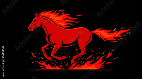 Striking graphic illustration of a majestic horse in full gallop, wreathed in vibrant red and orange flames, embodying untamed power and dynamic motion on a dark canvas