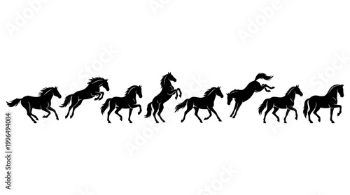 Collection of diverse black horse silhouettes illustrating various dynamic actions from galloping to rearing, capturing movement, strength, and equestrian grace in vector art