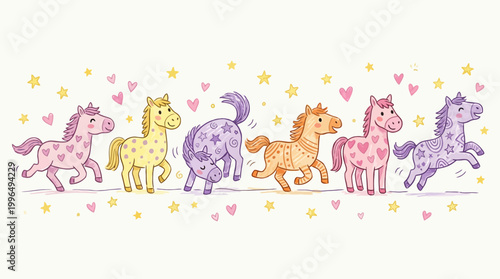 A delightful collection of cute illustrated horses in a vibrant, playful procession, adorned with twinkling stars and sweet hearts, perfect for charming designs and children's content
