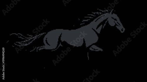 Dynamic illustration of a powerful horse galloping gracefully, captured in a minimalist flat vector style against a dark background, embodying speed and freedom