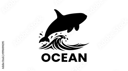 Stylized minimalist vector illustration of a killer whale breaching ocean waves, with 'OCEAN' text, symbolizing marine life and aquatic power