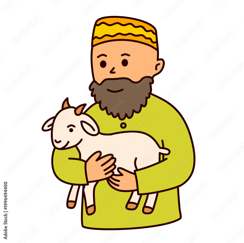 Fototapeta premium Muslim man carrying small white sacrificial goat