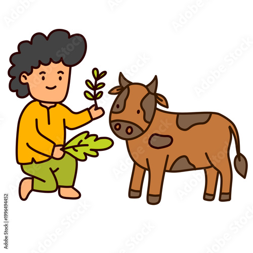 smiling boy giving green leaves to cow