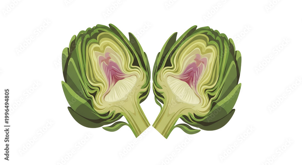 Obraz premium Fresh Green Artichoke Halves Isolated on White Background - Sliced Organic Vegetable Illustration