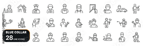 Photos Collection of 28 Blue Collar worker icons, featuring various professions and tra