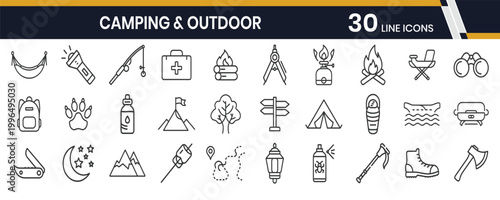 Camping and Outdoor Adventure Line Icons A Comprehensive Collection for Your Next Expedition and Exploration Needs