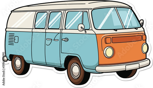 Retro styled classic blue and orange camper van illustration.