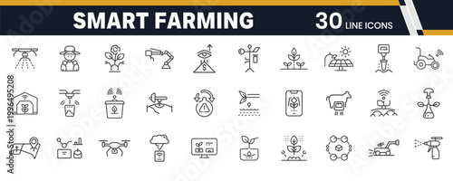 Modern smart farming and agriculture technology line icons illustrating automated systems, precision techniques, and sustainable solutions for efficient food production