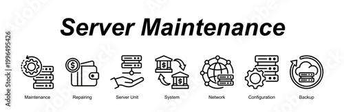 Server Maintenance banner web icon vector illustration concept with an icon of Maintenance, Repairing, Server Unit, System, Network, Configuration, Backup 