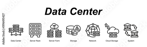 Data Center banner web icon vector illustration concept with an icon of Data Center, Server Rack, Server Farm, Storage, Network, Cloud Storage, System 